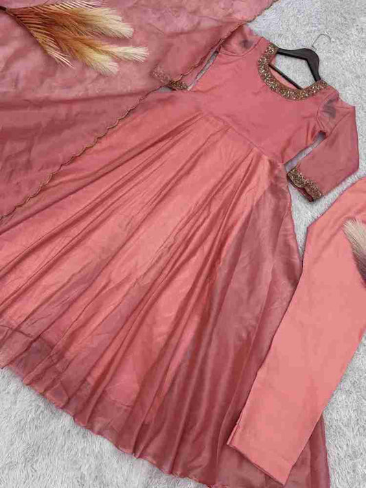 Peach Aura Silk Anarkali Set