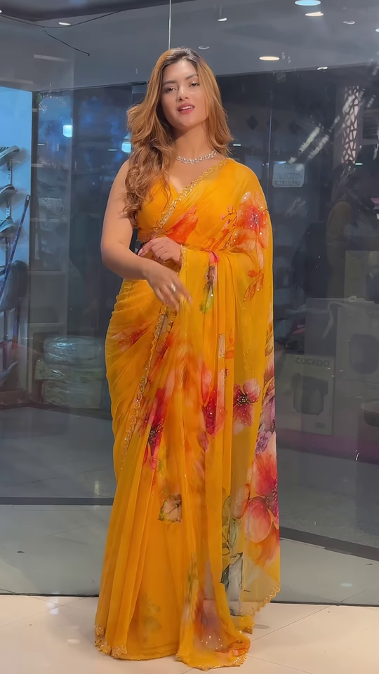 ZZZYellow Chiffon Printed Saree