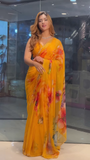 ZZZYellow Chiffon Printed Saree
