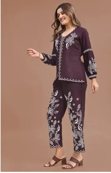 Embroidered V-Neck Co-Ord Set in Aubergine