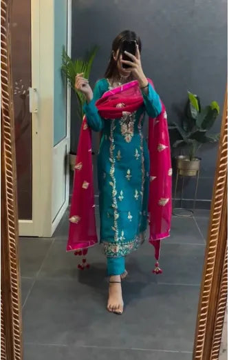 Peacock Teal Suit with Contrast Dupatta