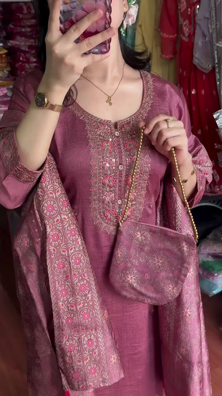 ZZZPink Ethnic Motifs Printed Straight Sequinned Organza Kurta with Trousers & Dupatta