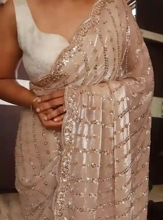 Rose-Gold Sequin Organza Party Saree