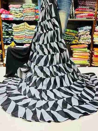 Monochrome Tessellation Ruffle Saree