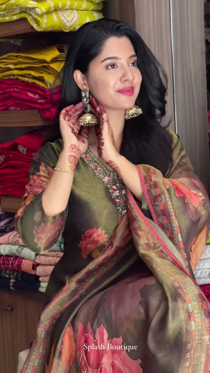 Woven Design Silk Blend Straight Kurta With Palazzos & Dupatta