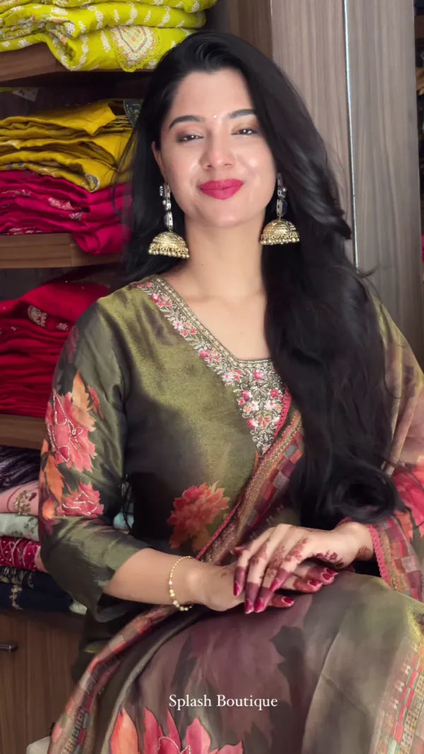 Woven Design Silk Blend Straight Kurta With Palazzos & Dupatta