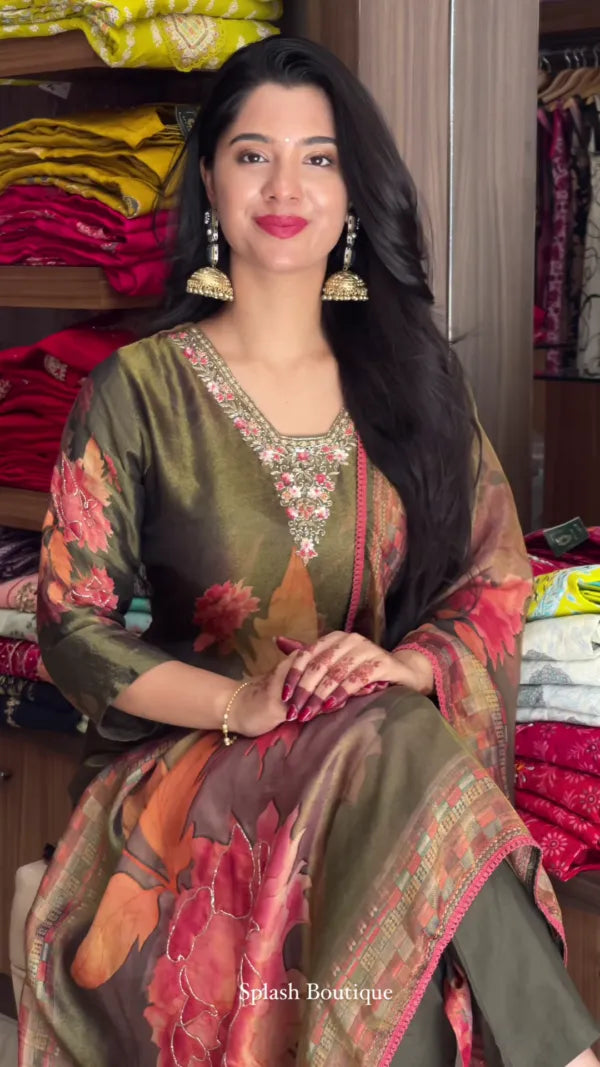 Woven Design Silk Blend Straight Kurta With Palazzos & Dupatta