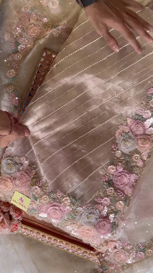 ZZZElegant Embroidered Saree with Floral Motifs and Pearl Accents