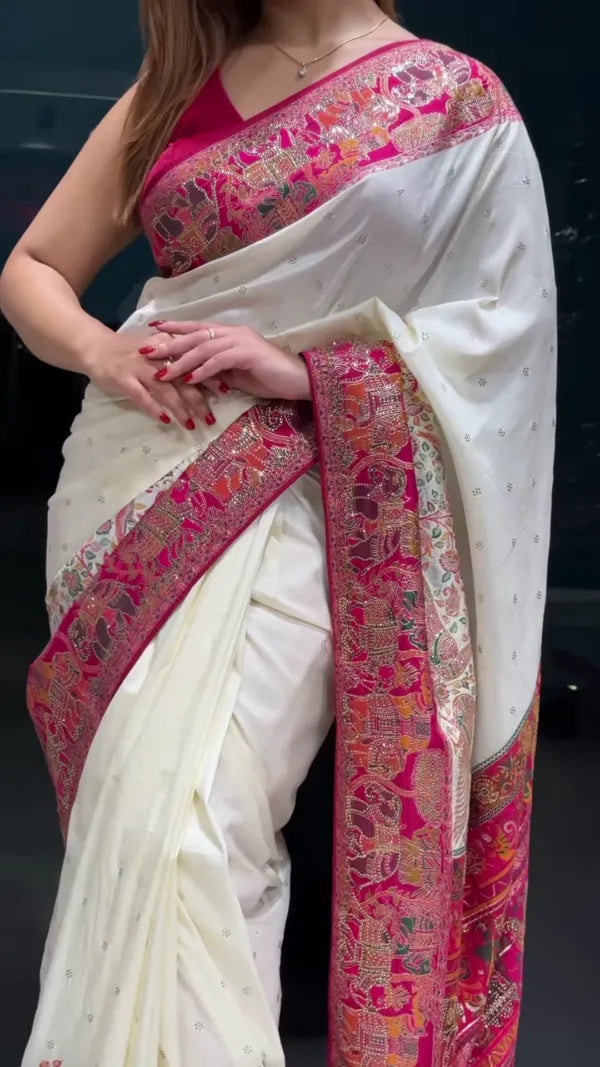 Graceful Elegance: Traditional White Saree with Stunning Pink Pallu